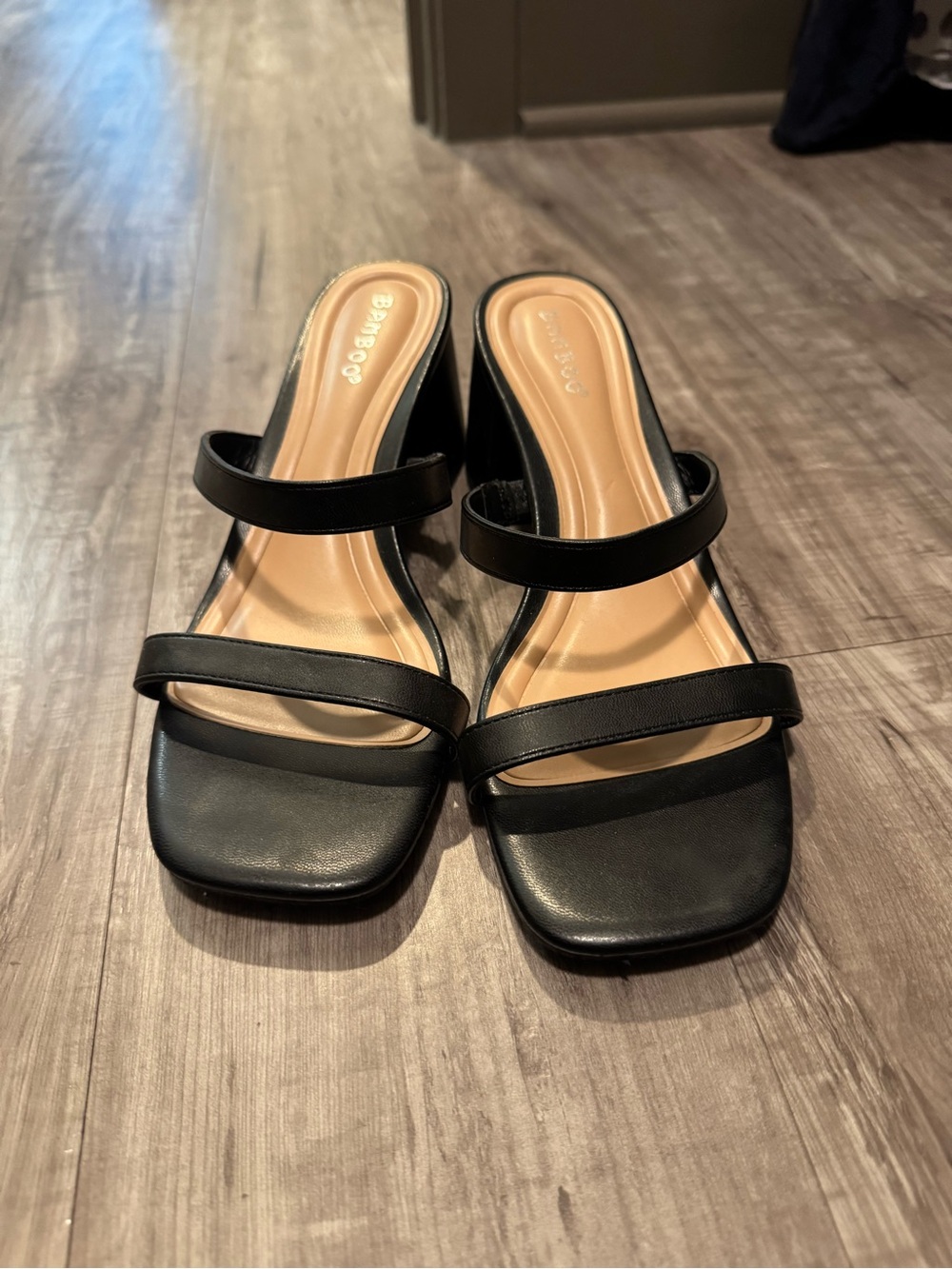 Bamboo Black Triple-Strap Block Heel